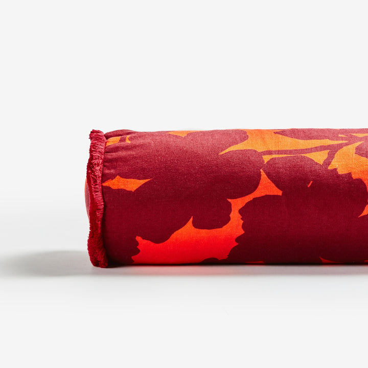 Carmine Rust 60x20cm Bolster Detail | Burgundy Floral Linen Cushion