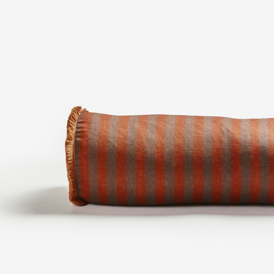 Thin Stripe Chocolate 60x20cm Bolster Detail | Brown Striped Linen Cushion