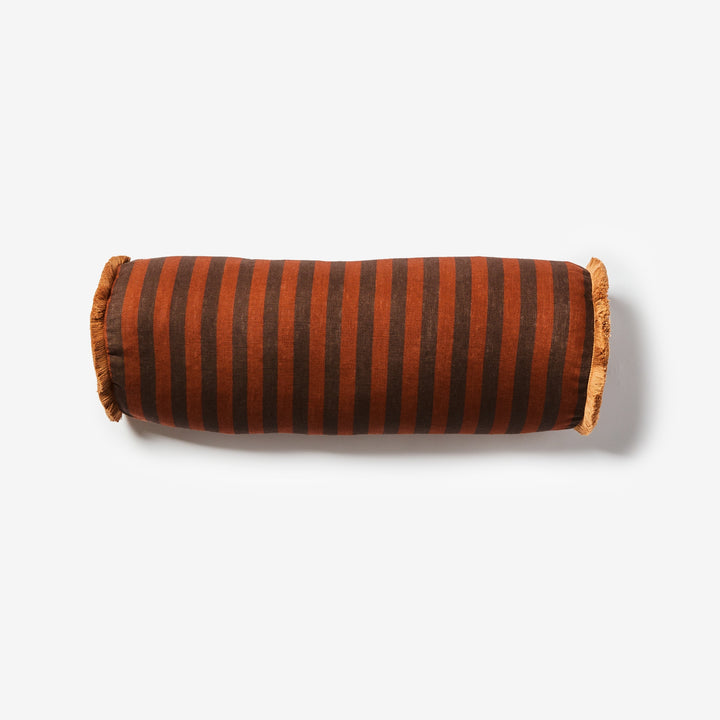 Thin Stripe Chocolate 60x20cm Bolster Overhead | Brown Striped Linen Cushion