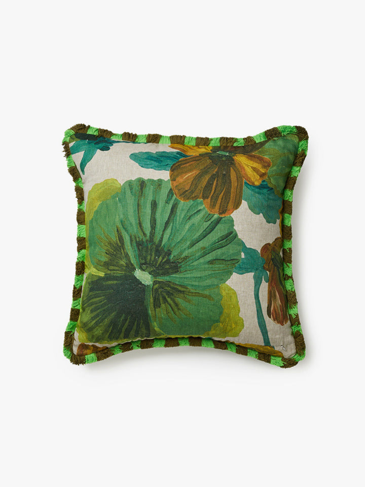 Wild Pansy Verde Linen Cushion