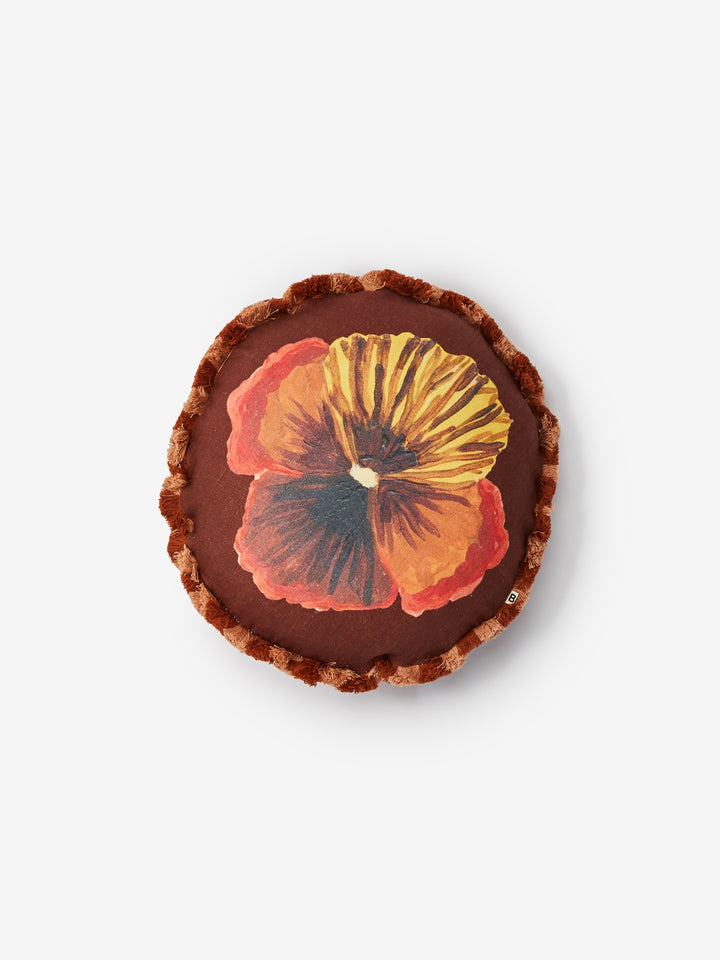 Wild Pansy Chocolate Linen Round Cushion