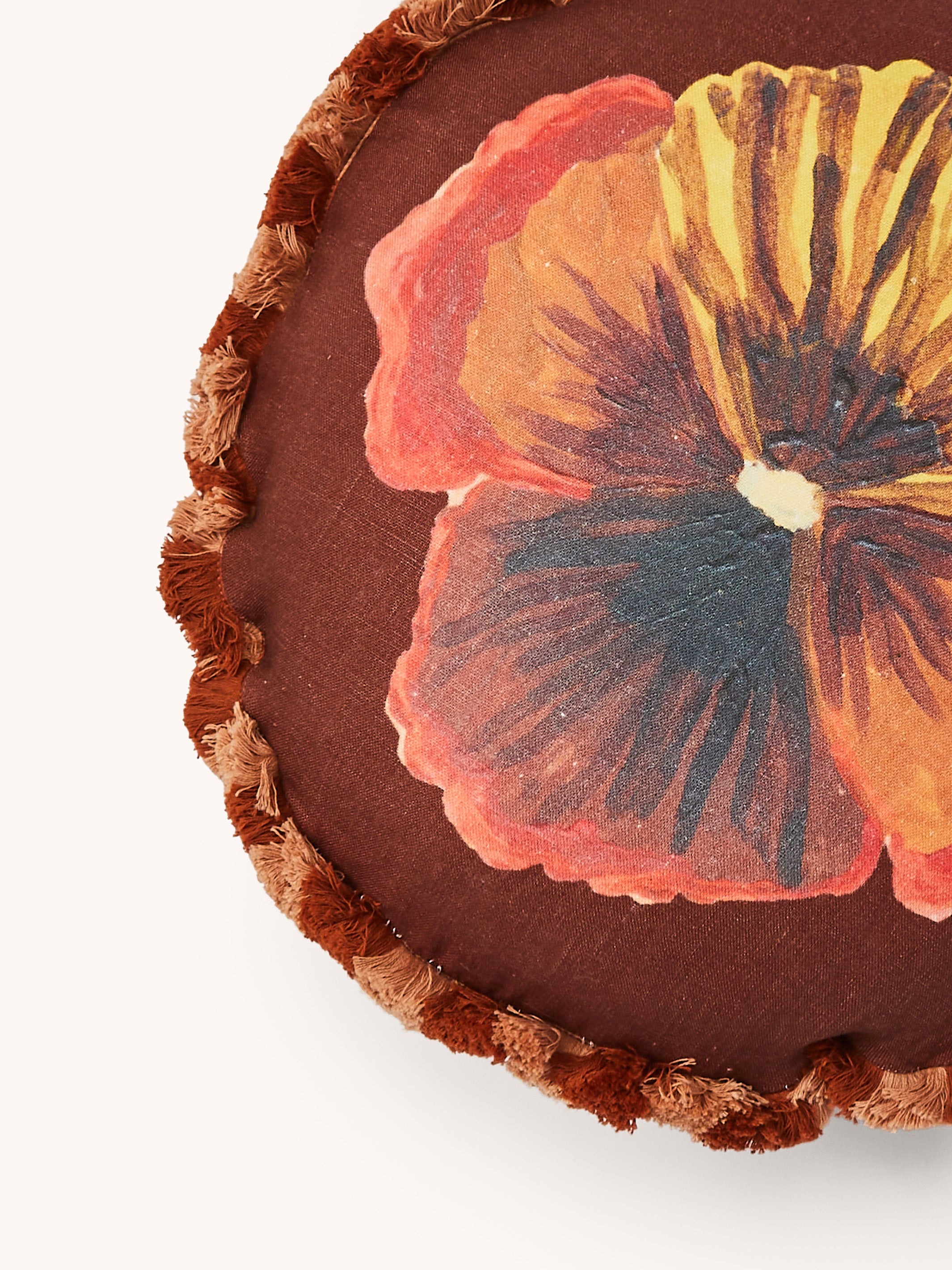Wild Pansy Chocolate Linen Round Cushion - Almost Perfect