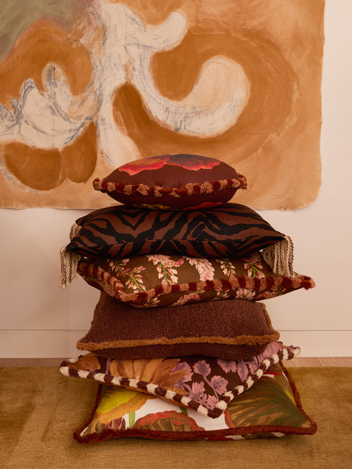 Wild Pansy Chocolate Linen Round Cushion