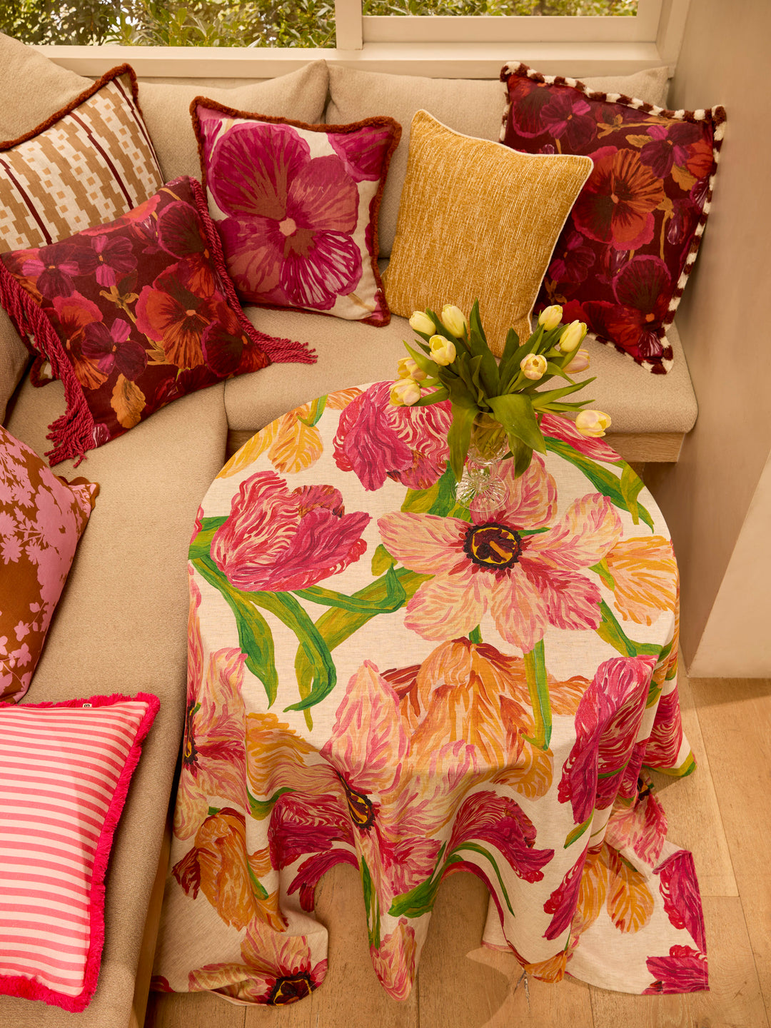 Wild Pansy Dark Cerise Linen Cushion