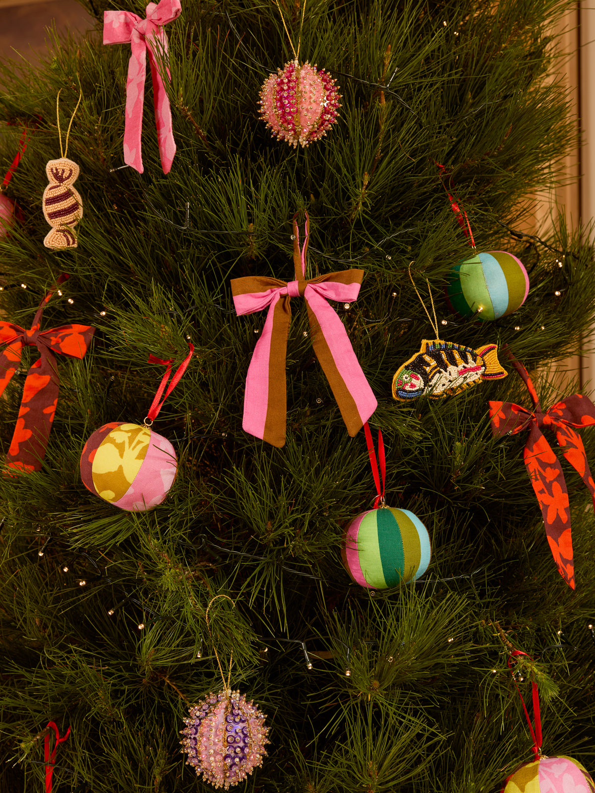 Stripe Pink Tan Bow Christmas Decoration Set