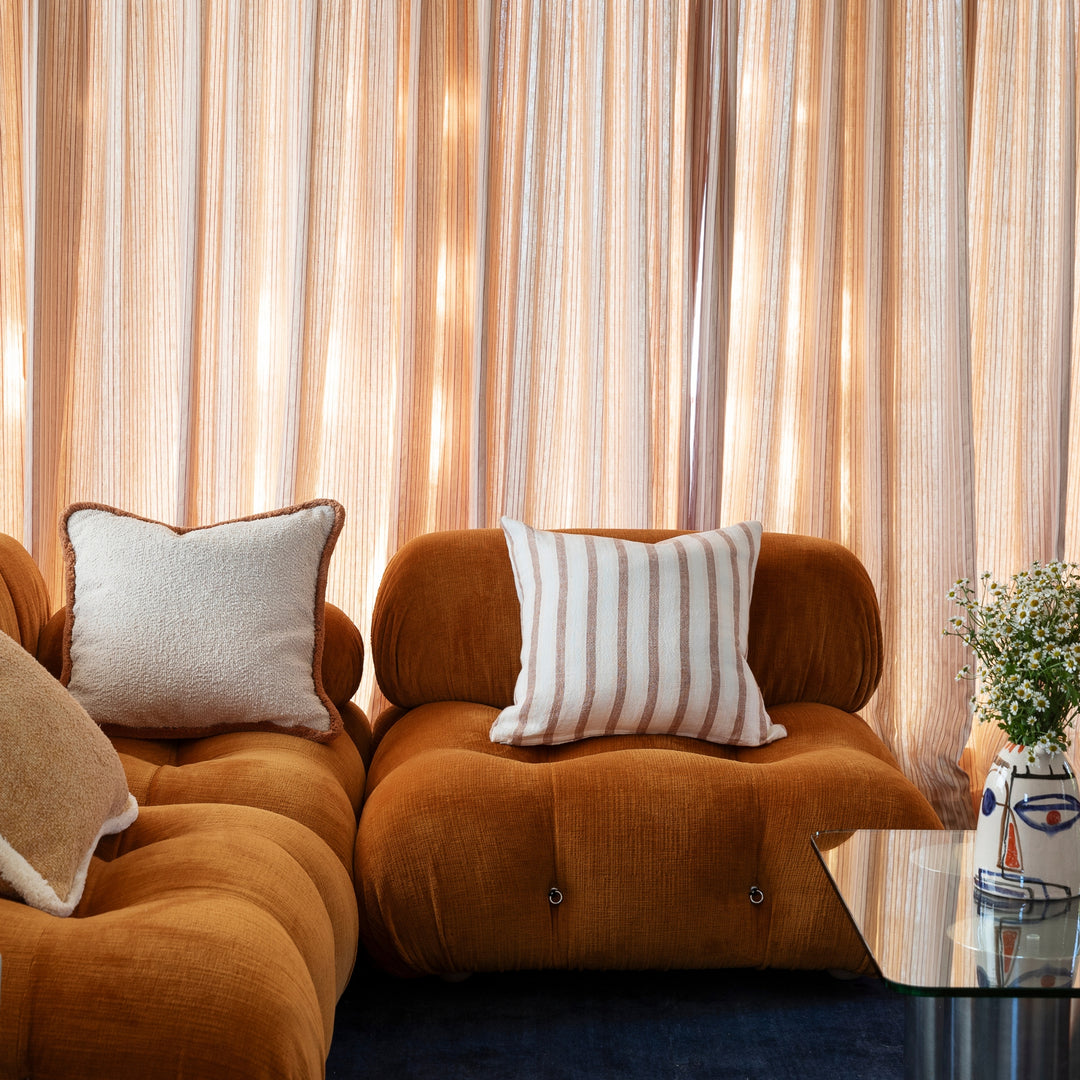 Linear Tan 50cm Linen Cushion Styled On Tan Sofa With Grain Tan & Grain Cream Cushions 