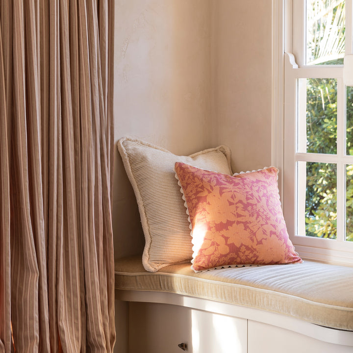 Nile Mustard Woven Cotton Cushion Styled In Window Seat With Herbs Reverse Pink Peach Cushion