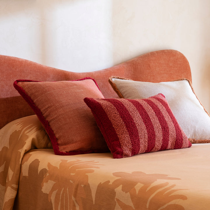 Nile Tan Woven Cotton Cushion Styled With Boucle Stripe Burgundy & Levan Red Cushions