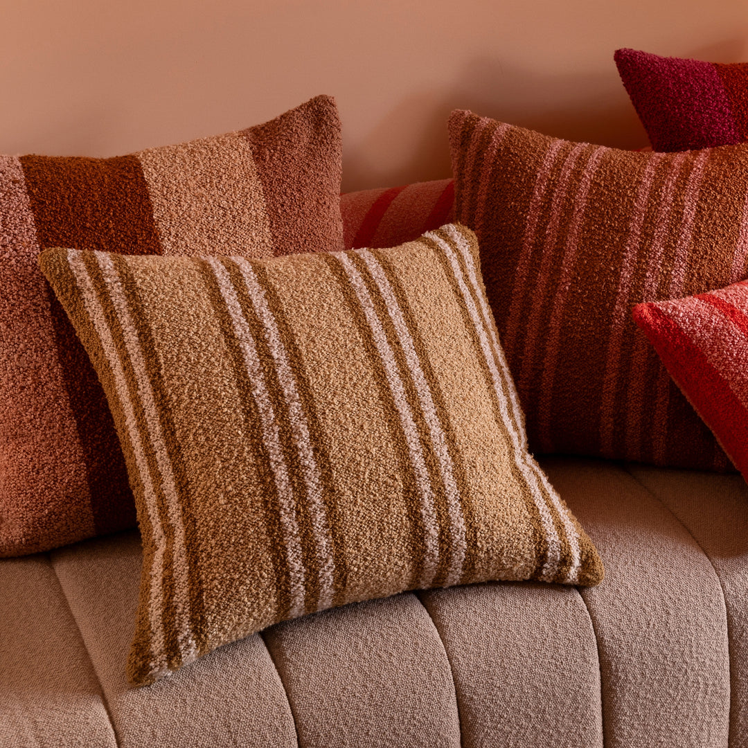 Wide Stripe Tan 60cm Boucle Cushion Styled On Beige Sofa With Complementary Cushions