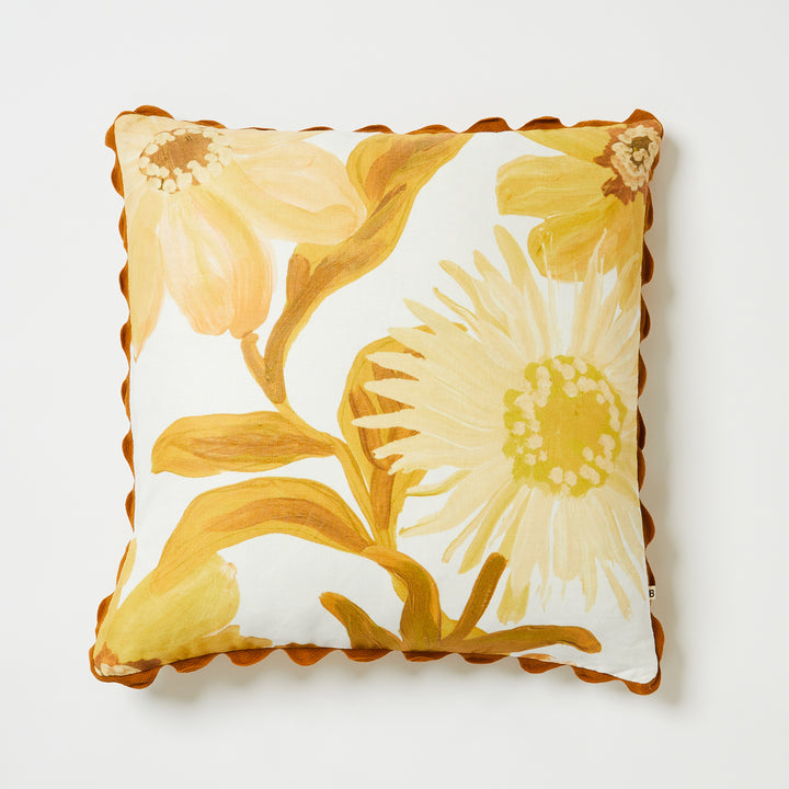 Cornflower Mustard 60cm Linen Cushion Front | Yellow Floral Cushion