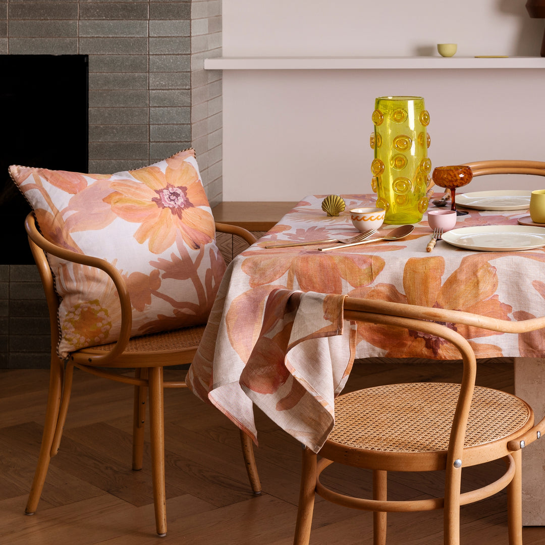 Cornflower Pink 60cm Linen Cushion Styled At Indoor Dining Setting