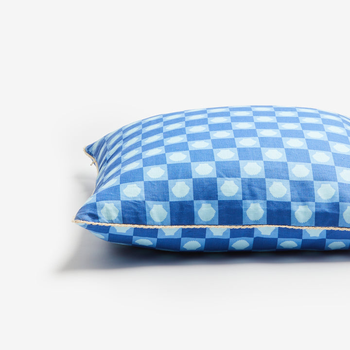 Shell Check Blue 60cm Linen Cushion Detail | Blue Check Cushion