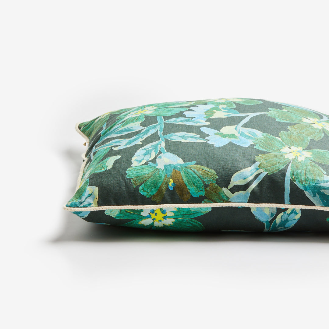 Cosmos Green 60cm Linen Cushion Detail | Green & Black Floral Cushion