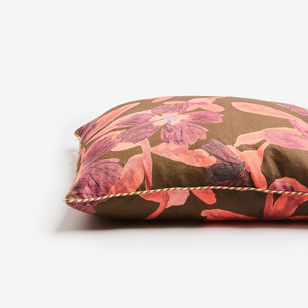 Cosmos Cerise 60cm Linen Cushion Detail | Pink & Black Floral Cushion