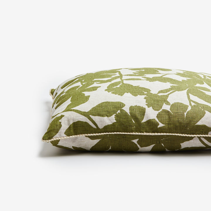 Geranium Khaki 60cm Linen Cushion Detail | Green Floral Cushion