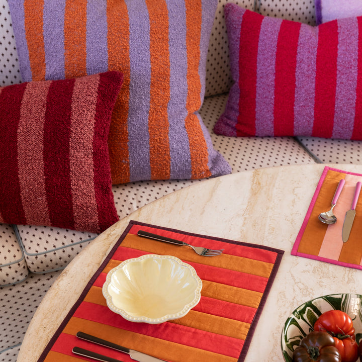 Boucle Stripe Orange Lilac Cushion Styled On Banquette Seating With Boucle Stripe Cushions