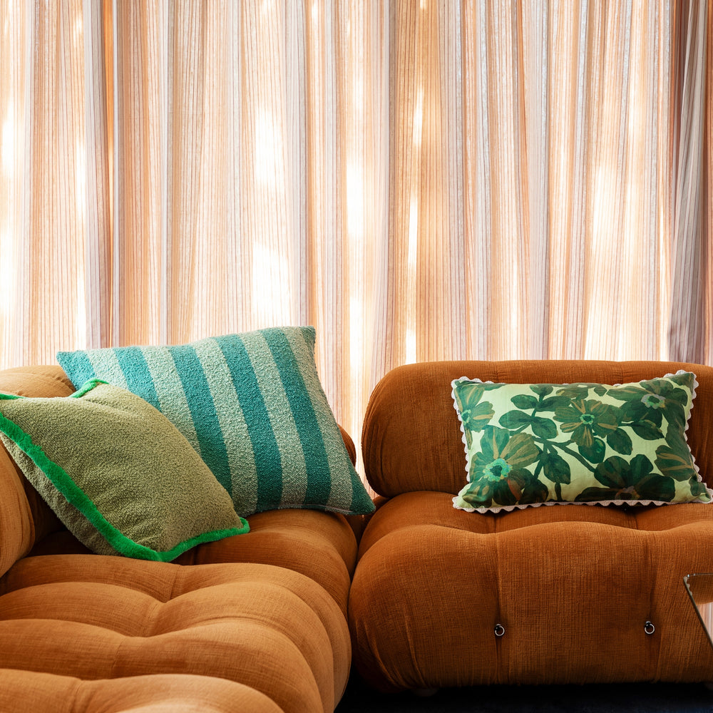 Boucle Stripe Mint 60cm Cushion Styled On Tan Sofa With Rosetta Dark Mint Green Cushion & Grain Green Cushion