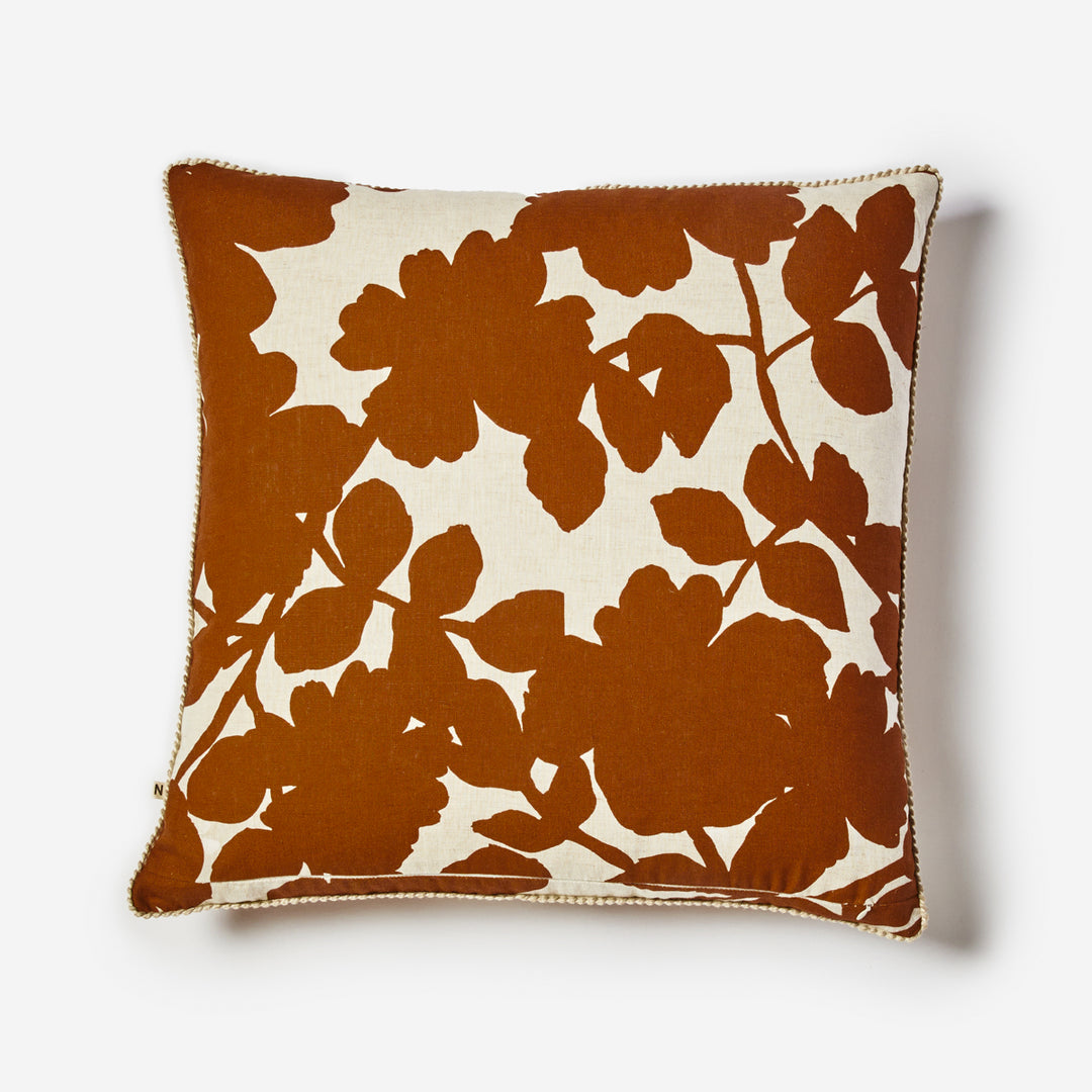 Carmine Cocoa 60cm Cushion Back | Brown Floral Linen Cushion