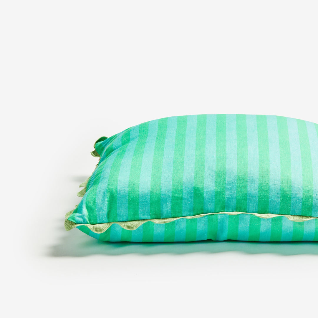 Thin Stripe Jade 60cm Cushion Detail | Green Striped Linen Cushion