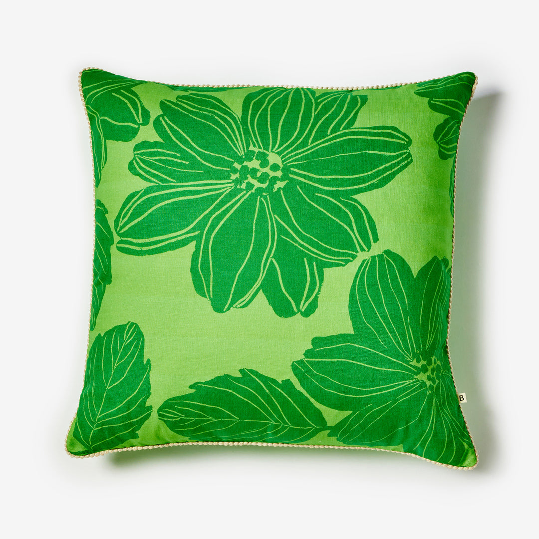 Margot Bright Green 60cm Cushion Front | Green Floral Linen Cushion