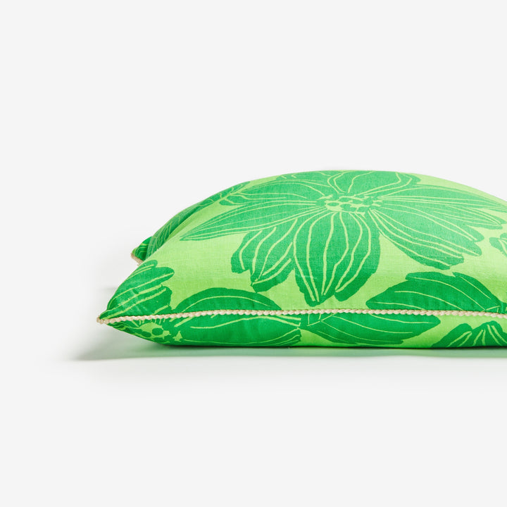 Margot Bright Green 60cm Cushion Detail | Green Floral Linen Cushion