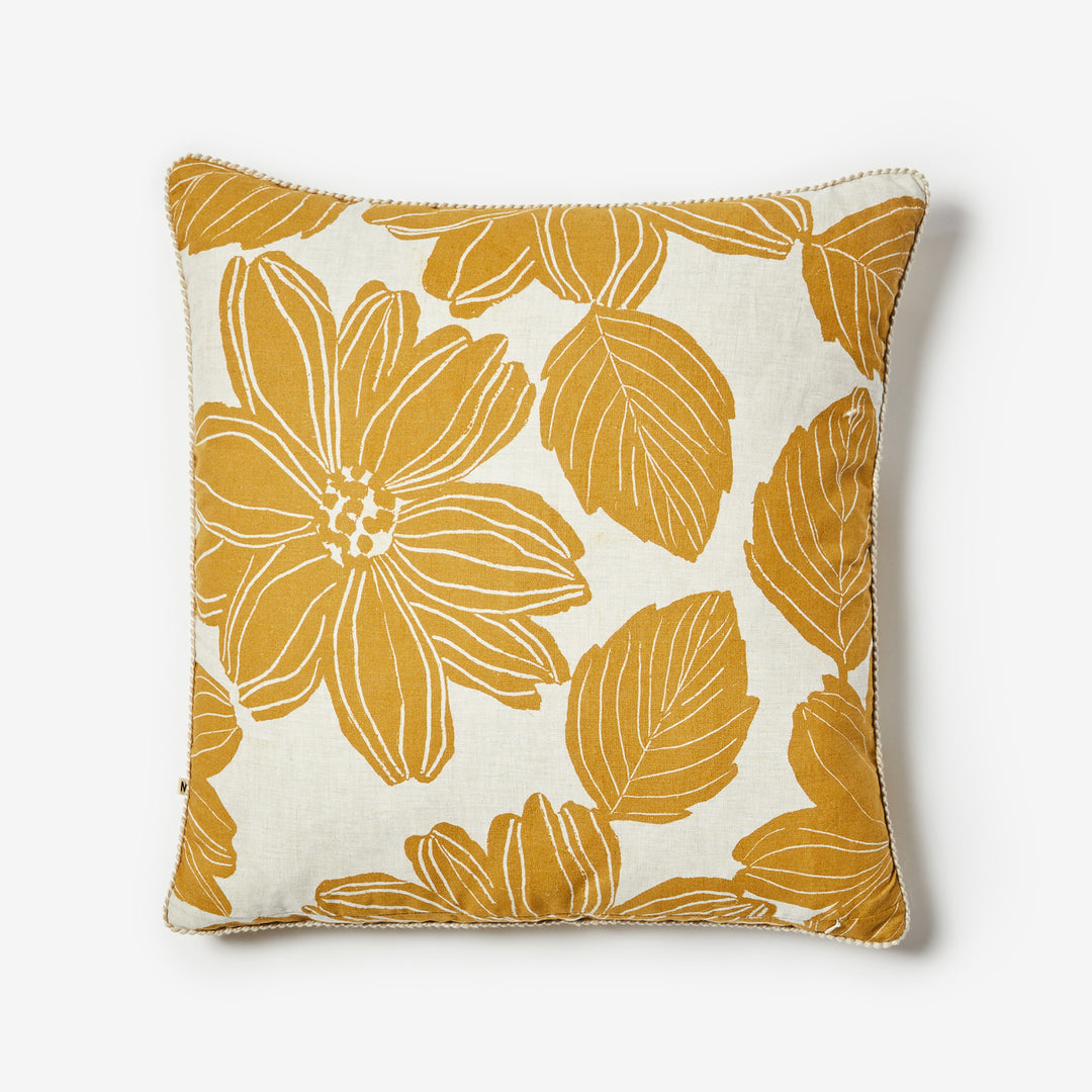 Margot Mustard 60cm Cushion Back | Yellow Floral Linen Cushion