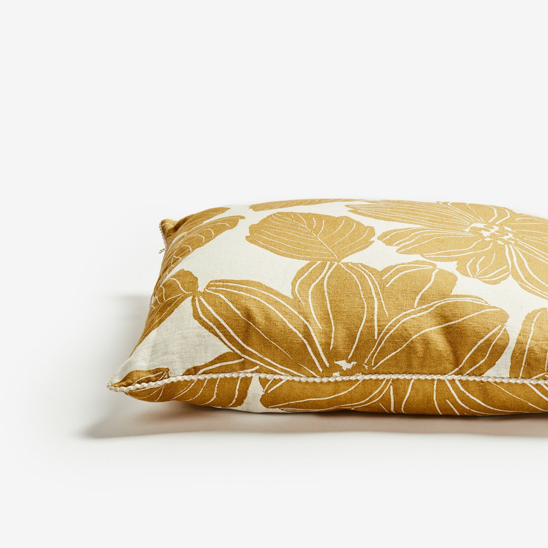 Margot Mustard 60cm Cushion Detail | Yellow Floral Linen Cushion