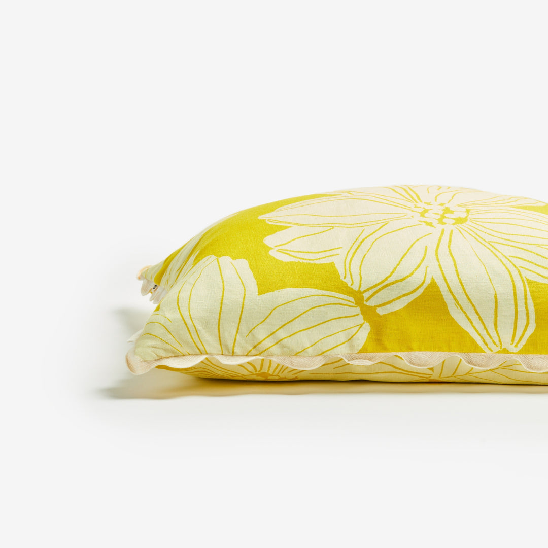 Margot Lemon 60cm Cushion Detail | Yellow Floral Linen Cushion