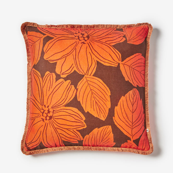 Margot Orange 60cm Cushion Front | Orange Floral Linen Cushion