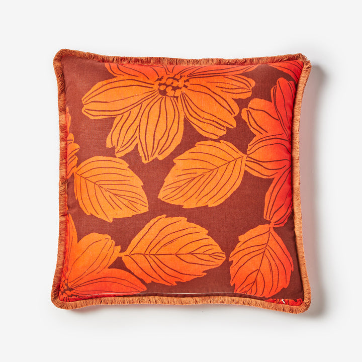 Margot Orange 60cm Cushion Back | Orange Floral Linen Cushion