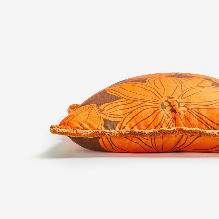 Margot Orange 60cm Cushion Detail | Orange Floral Linen Cushion