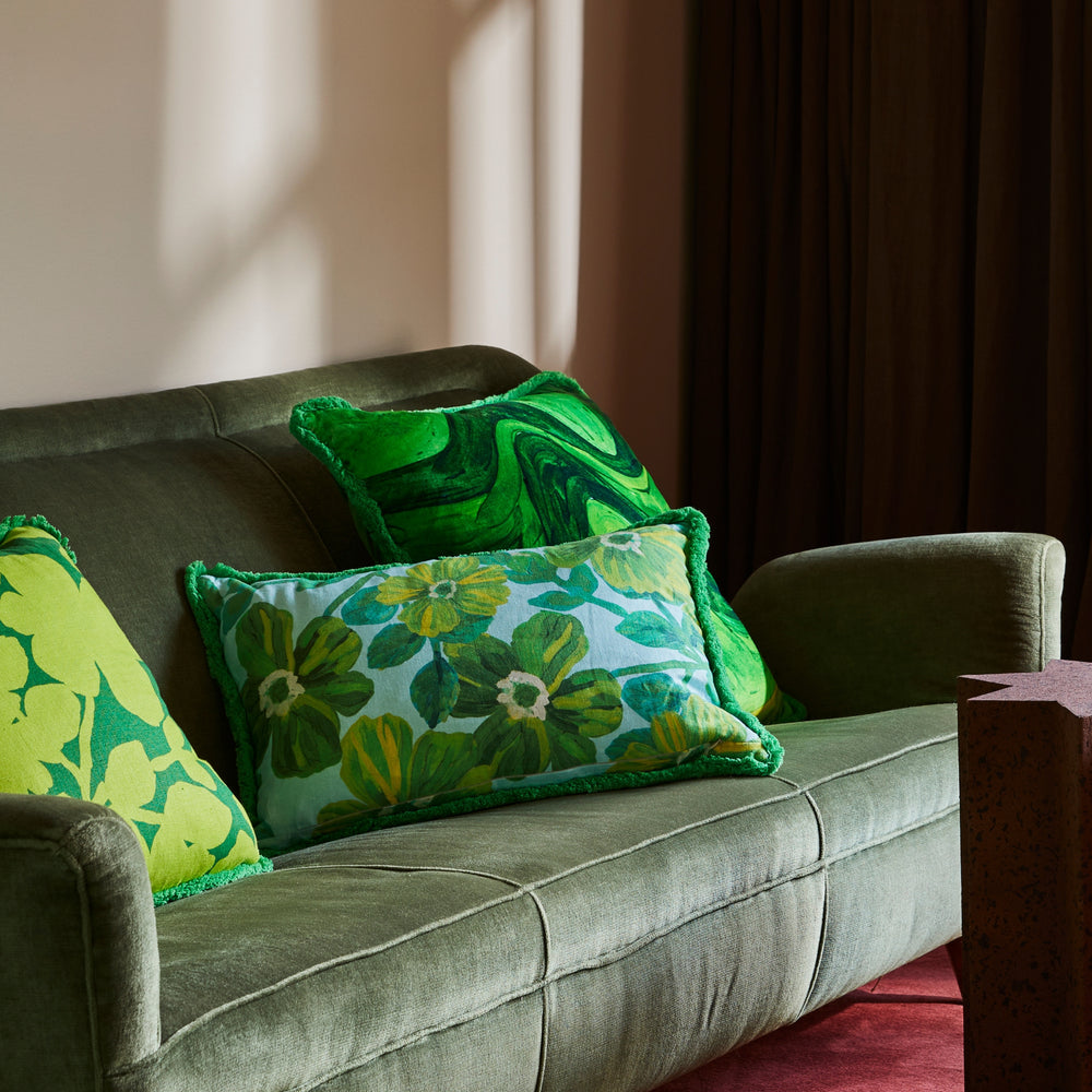 Sway Green 60cm Velvet Cushion Styled On Green Sofa With Rosetta Blue Cushion & Carmine Lime Cushion