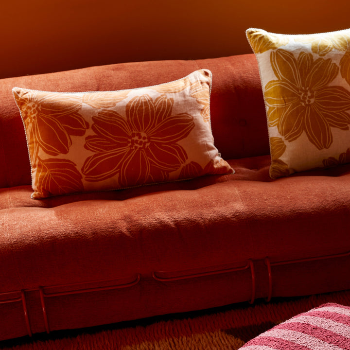 Margot Tan 75x45cm Cushion Styled On Red Sofa With Margot Mustard Cushion