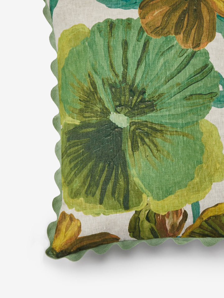 Wild Pansy Verde Linen Cushion