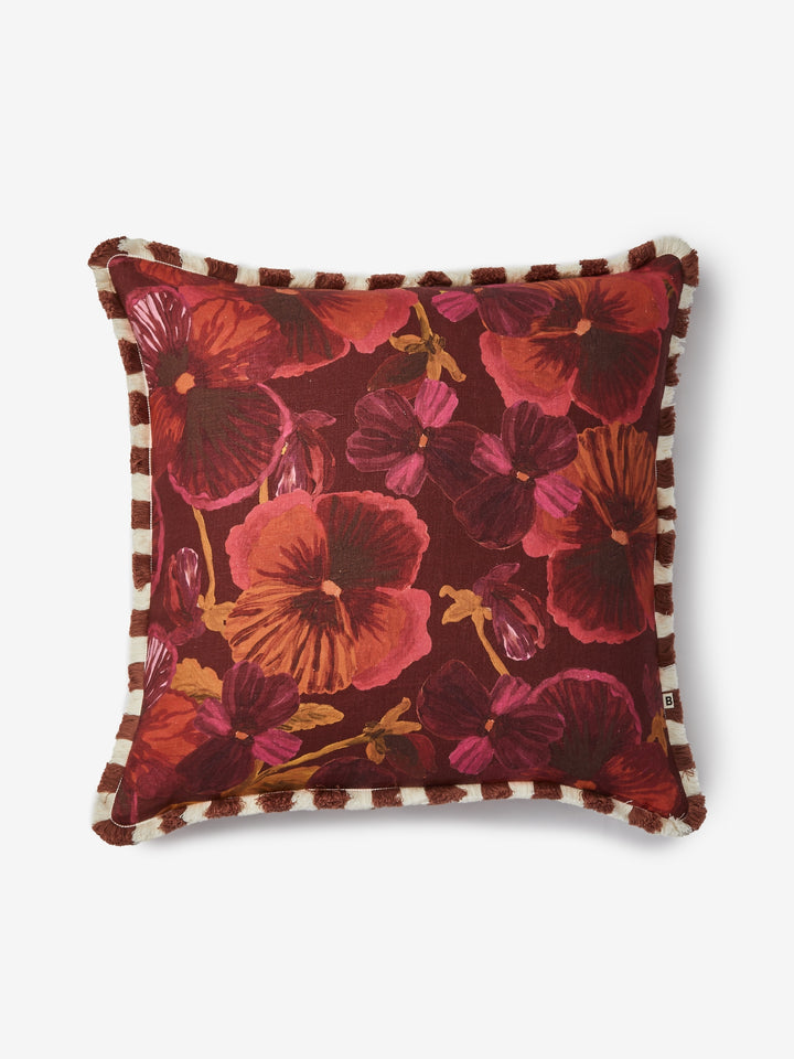 Wild Pansy Dark Cerise Linen Cushion