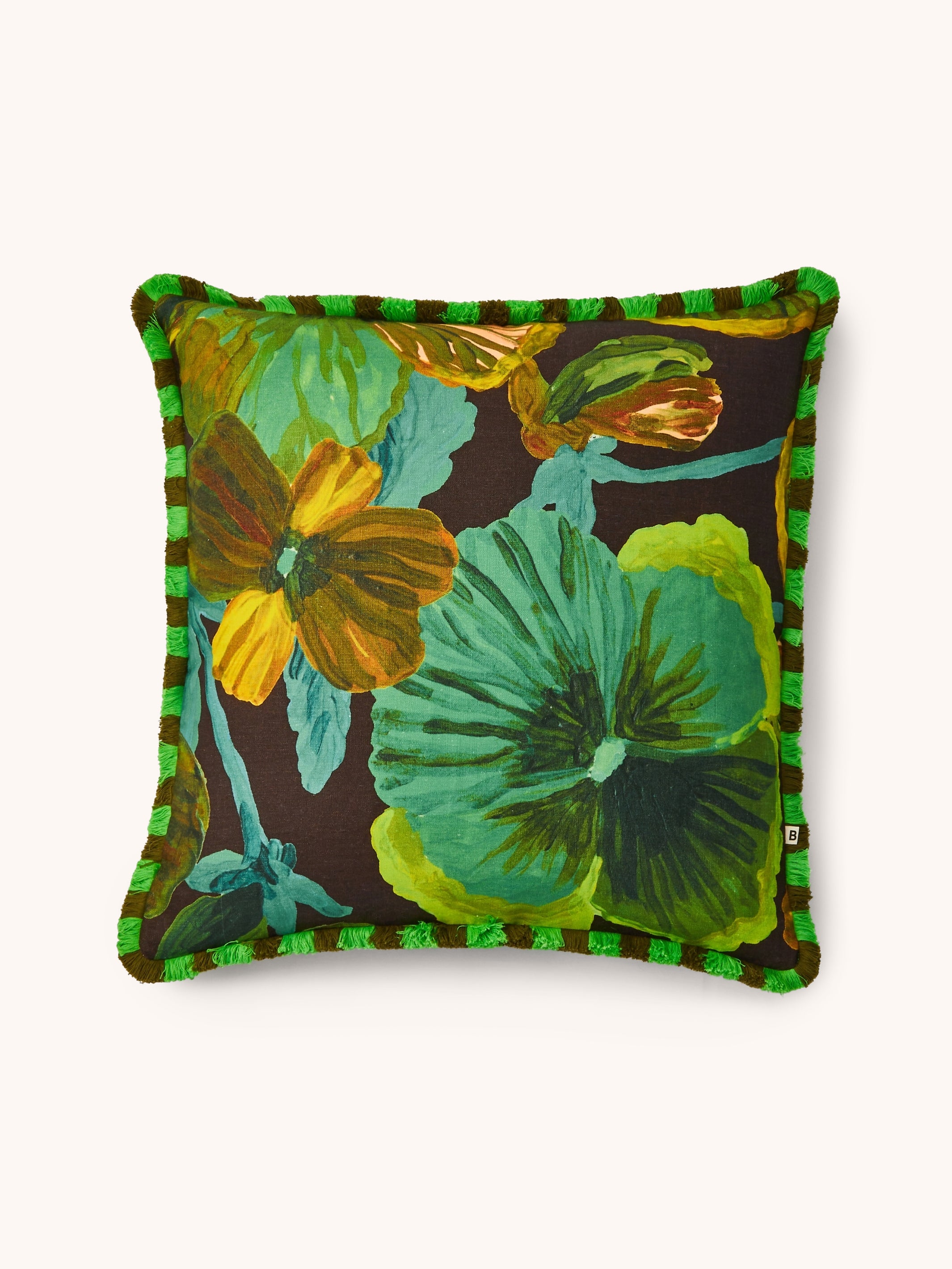 Wild Pansy Emerald Linen Cushion