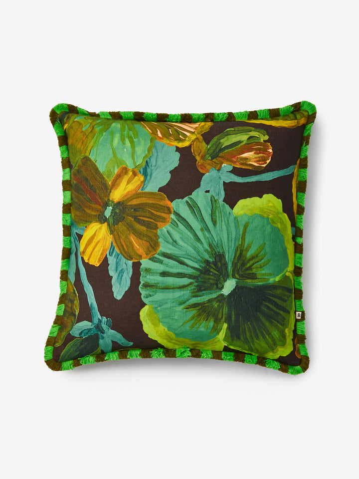 Wild Pansy Emerald Linen Cushion