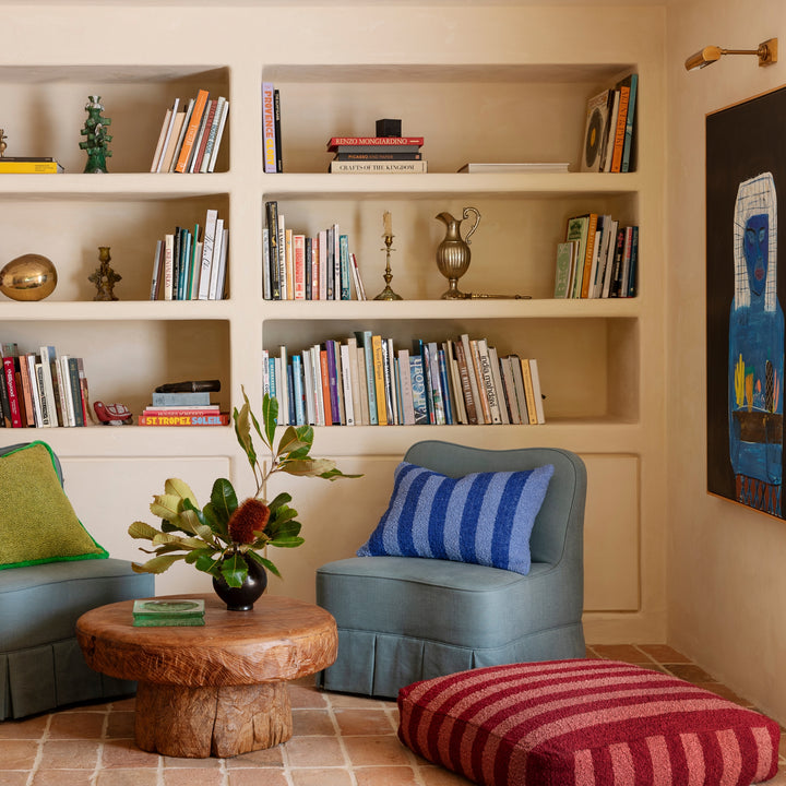 Boucle Stripe Burgundy Pouffe Styled In Lounge Room Setting