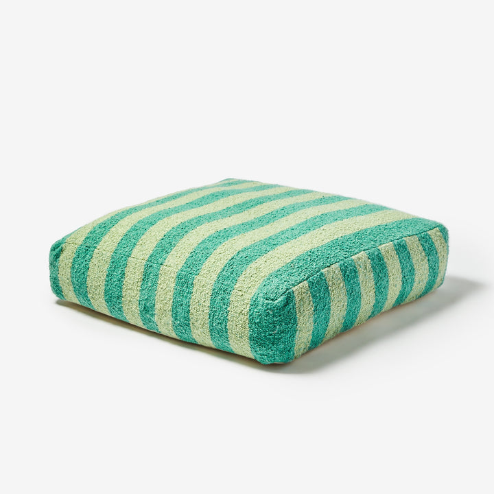 Boucle Stripe Mint Pouffe Front | Mint Green Striped Floor Cushion