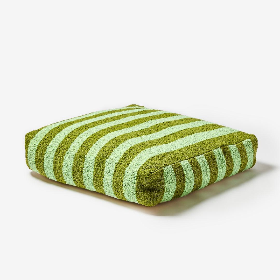 Boucle Stripe Olive Pouffe Front | Olive Green Striped Floor Cushion