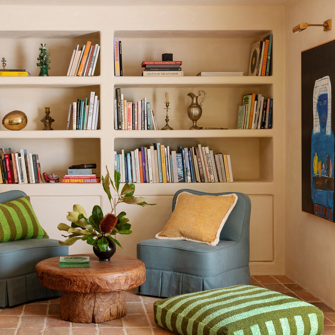 Boucle Stripe Olive Pouffe Front Styled In Living Room Setting