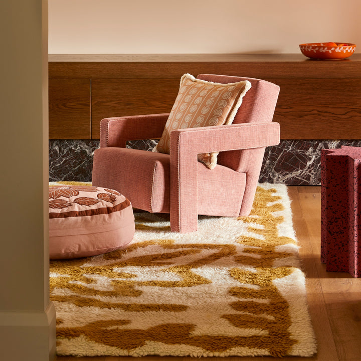 Margot Pink Round 65cm Pouffe Styled With Daisy Mustard Wool Rug