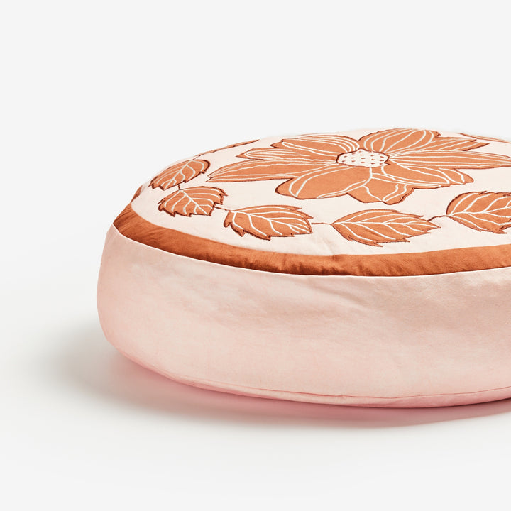 Margot Pink Round 65cm Pouffe Detail| Pink Floral Cotton Floor Cushion