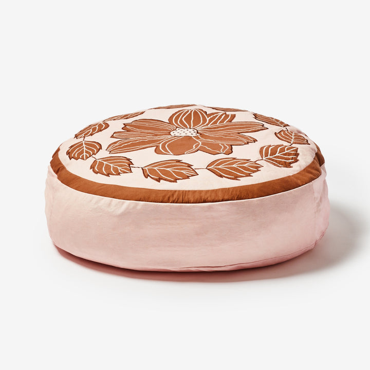 Margot Pink Round 65cm Pouffe Front | Pink Floral Cotton Floor Cushion