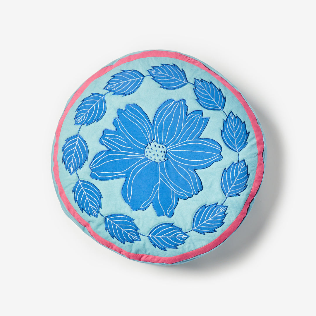 Margot Blue Round 65cm Pouffe Overhead | Blue Floral Cotton Floor Cushion