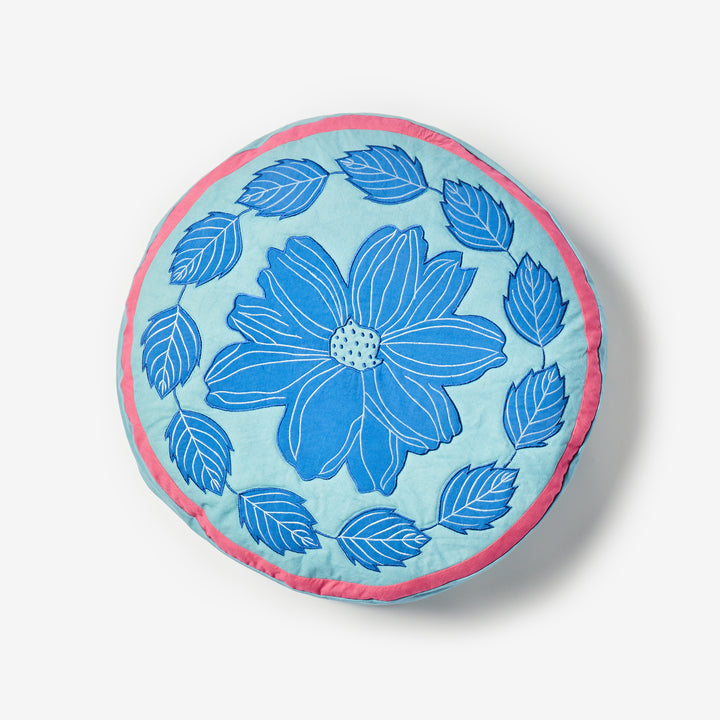 Margot Blue Round 65cm Pouffe Overhead | Blue Floral Cotton Floor Cushion