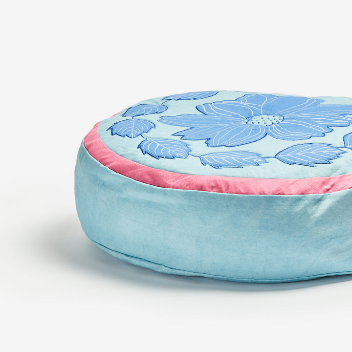 Margot Blue Round 65cm Pouffe Detail | Blue Floral Cotton Floor Cushion