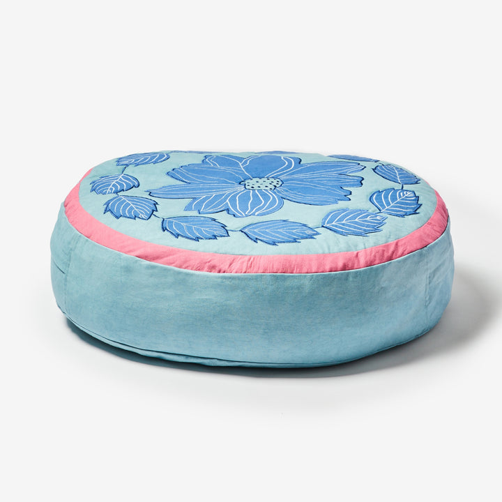 Margot Blue Round 65cm Pouffe Front | Blue Floral Cotton Floor Cushion