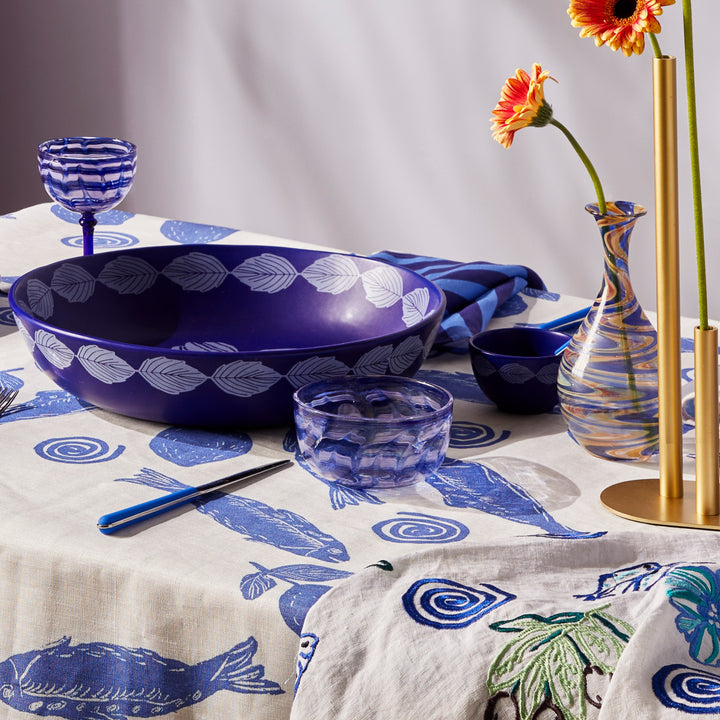 Watercolour Blue Bowl Styled With Sardines Blue Tablecloth & Margot Cobalt Salad Bowl