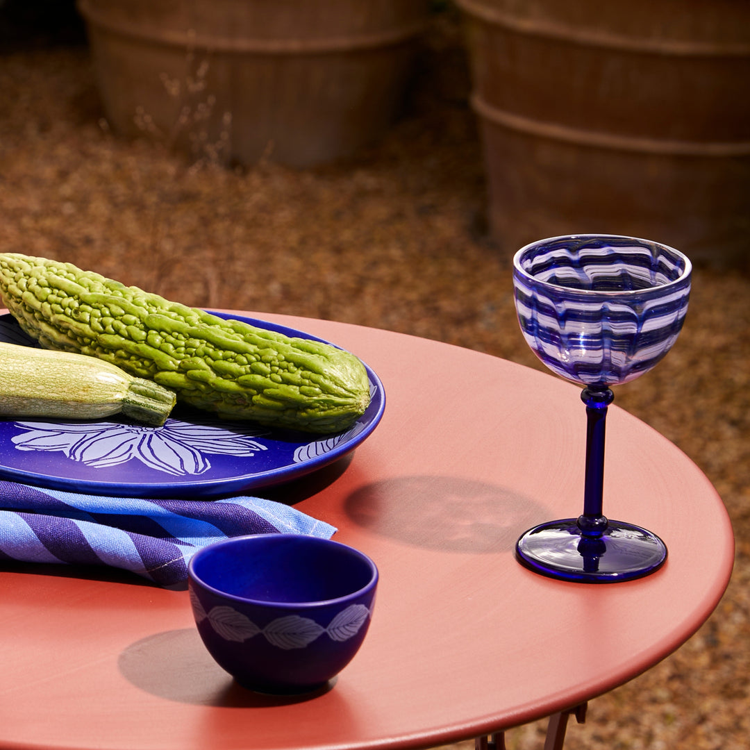 Watercolour Blue Coupe Glass Styled With Margot Cobalt Dinnerware & Thin Stripe Blue Napkins